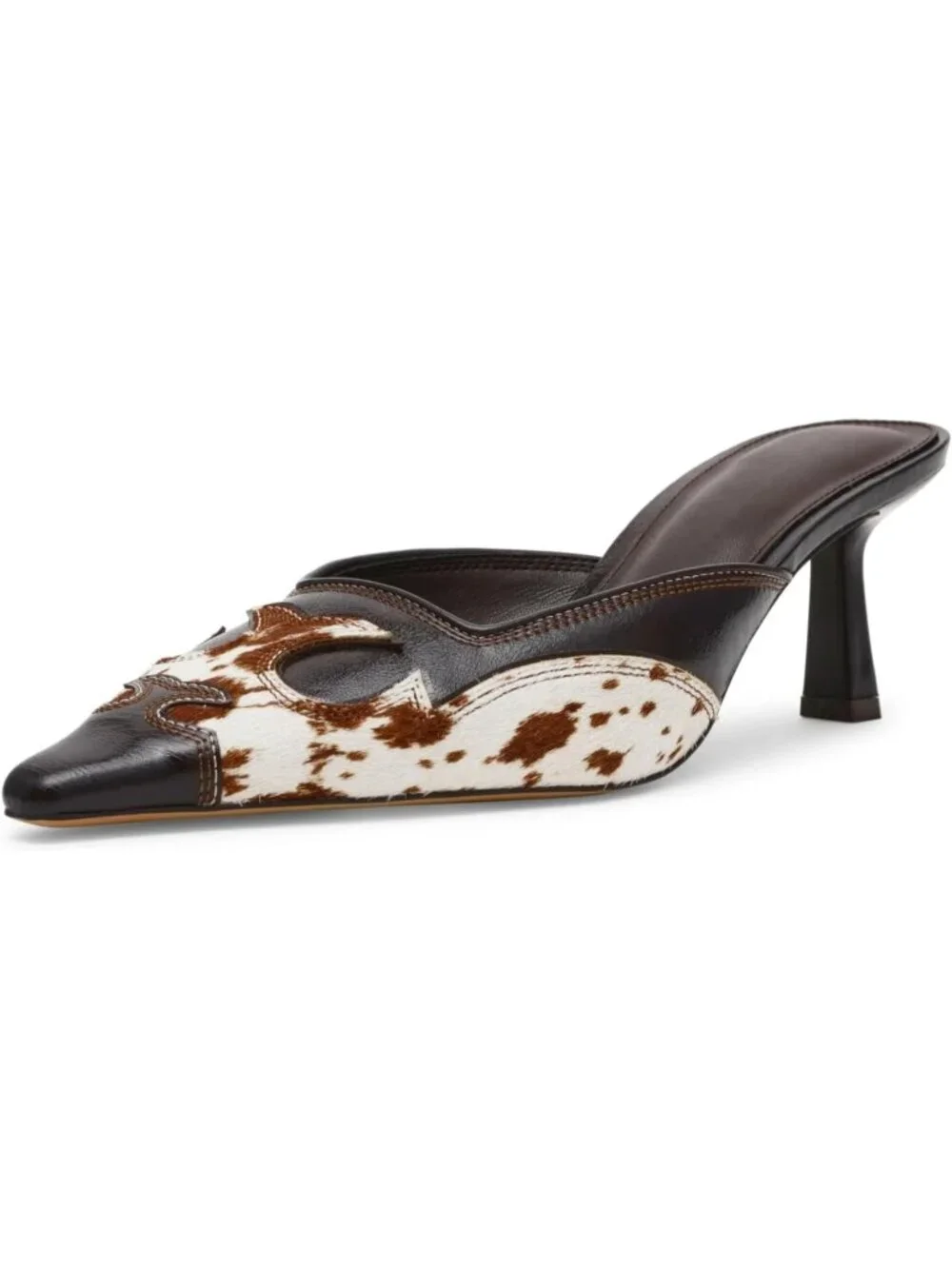 Women's Cow Kitten Heel Mules Pointed Toe Pumps Close Toe Western Heels Pull-On